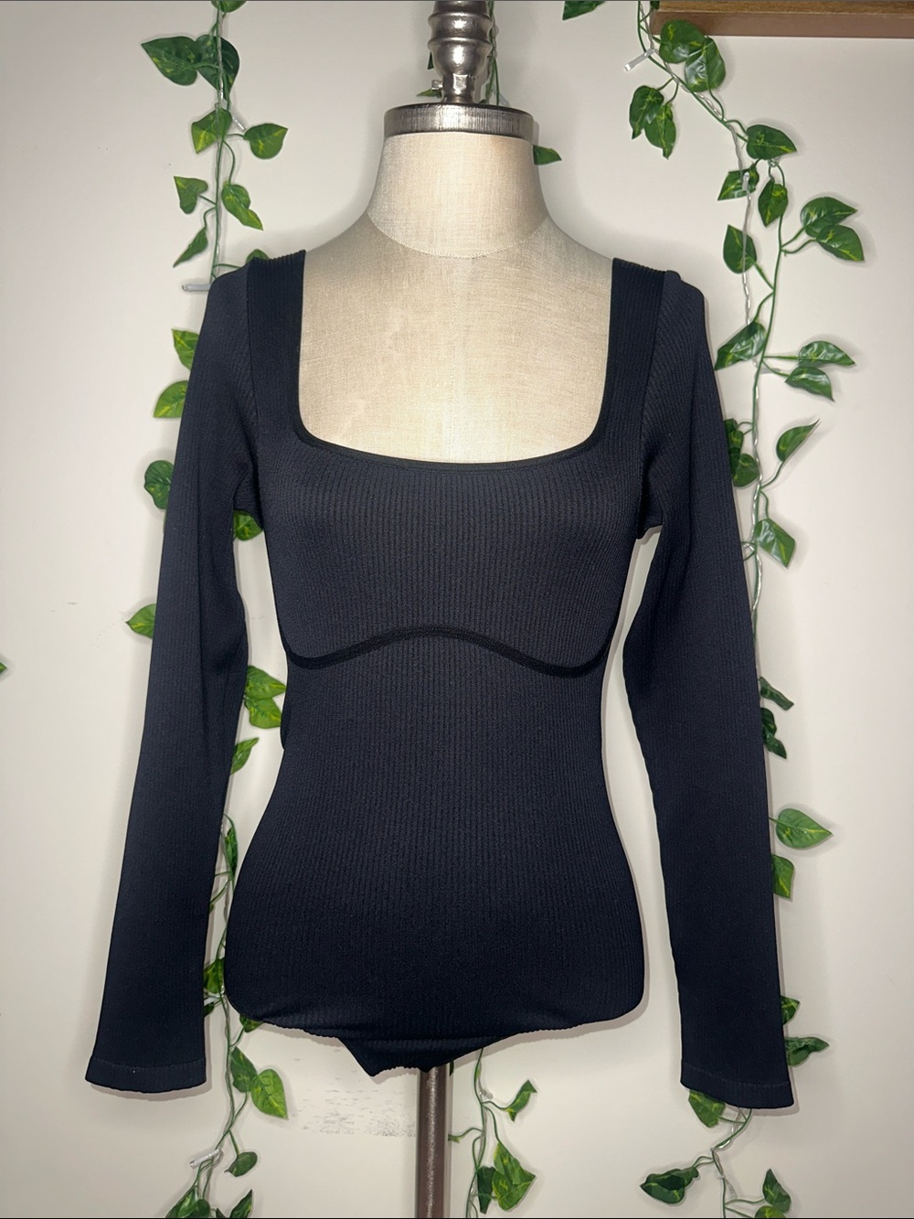 VS PINK Black Ribbed Long Sleeve One Piece Thong Bodysuit Stretchy Slimming